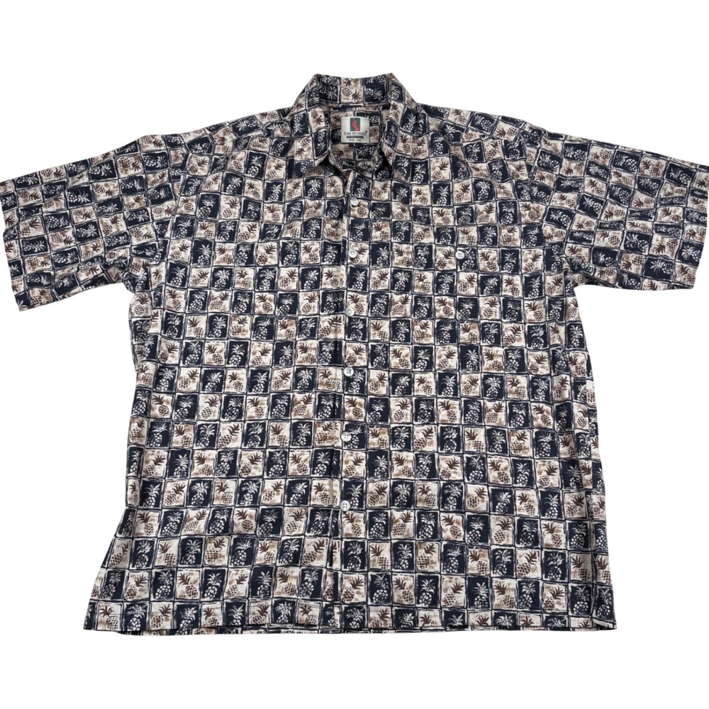 Tori Richard Button Down Shirt Mens L Black Tan VTG Pineapple Aloha Tropical 90s